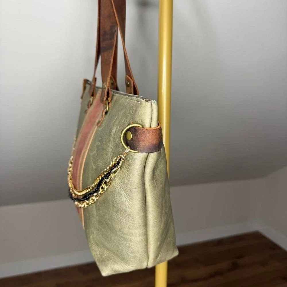 In Blue Distressed Leather Tote Bag Boho Moto Indie Sleaze Mixed Chain Purse